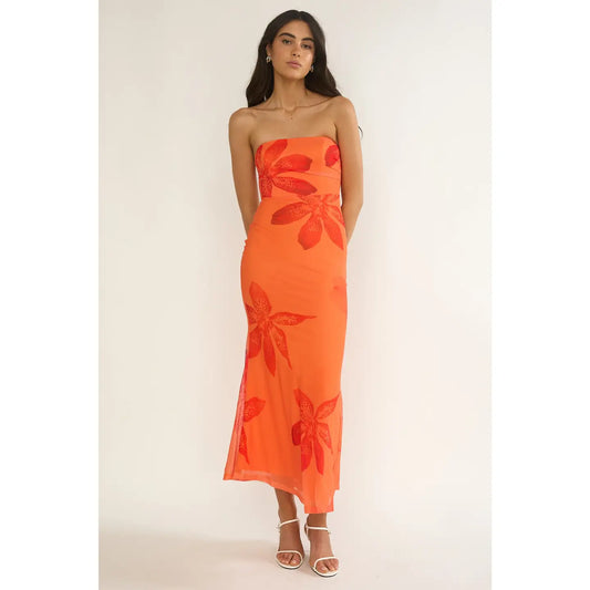 Strapless Bandeau Floral Midi Dress