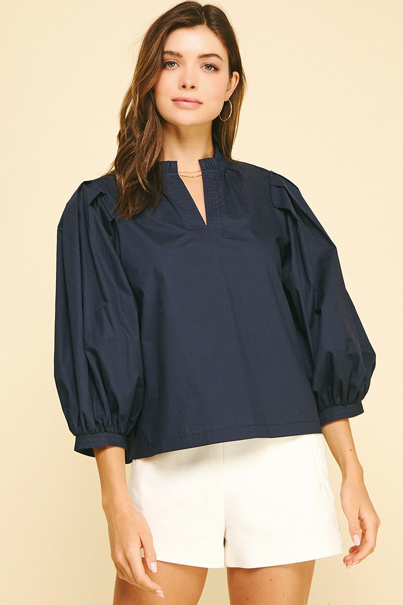 Ruffled Mock Neck Poplin Top