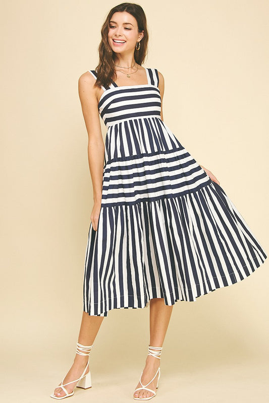 Contrast Stripe Tiered Midi Dress