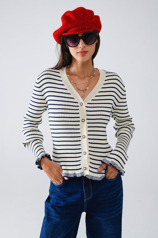 Striped Ruffle Trim Cardigan