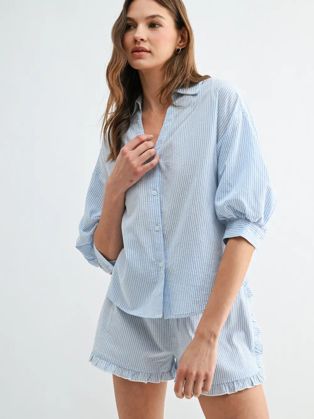 Stripe Bubble Sleeve Blouse & Ruffle Shorts Set