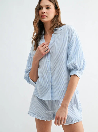 Stripe Bubble Sleeve Blouse & Ruffle Shorts Set