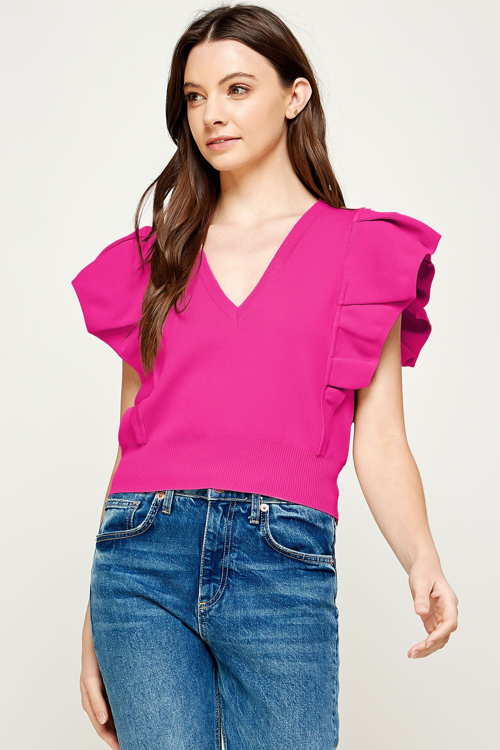 PLEATED CAP SLEEVE KNIT TOP