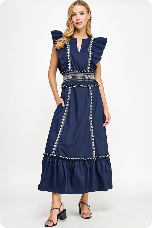 Contrast Embroidery Maxi Dress