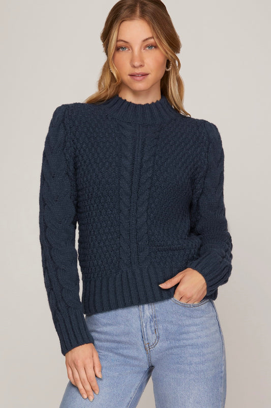 PUFF SHOULDER LONG SLEEVE CABLE MOCK NECK SWEATER TOP