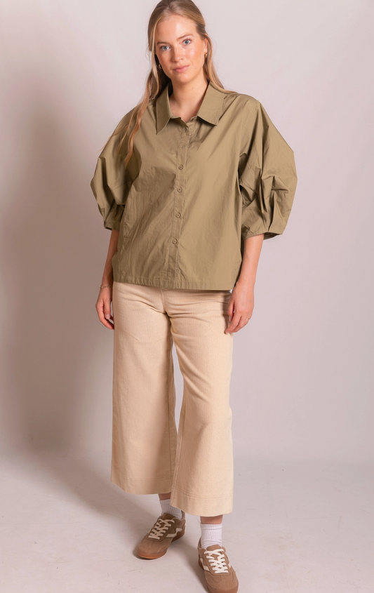 Poplin Bishop Sleeve Button Up Shirt