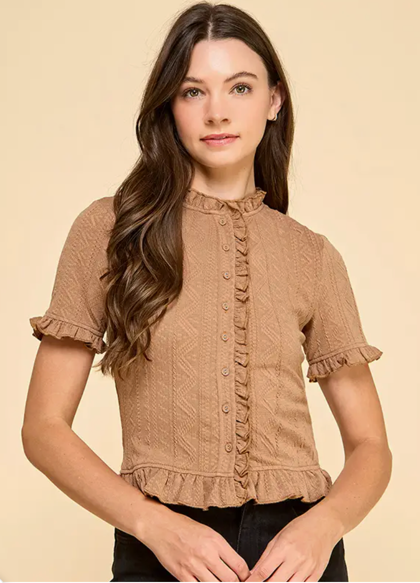 Cable Knit Top with Short Sleeve and Button Front