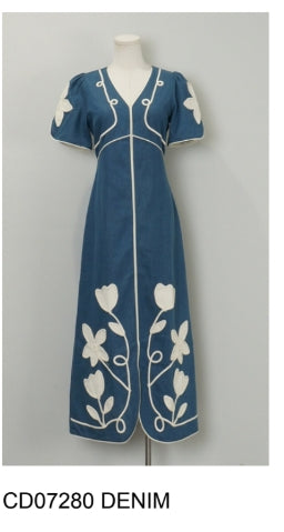 Contrast Floral Embroidered Midi Dress