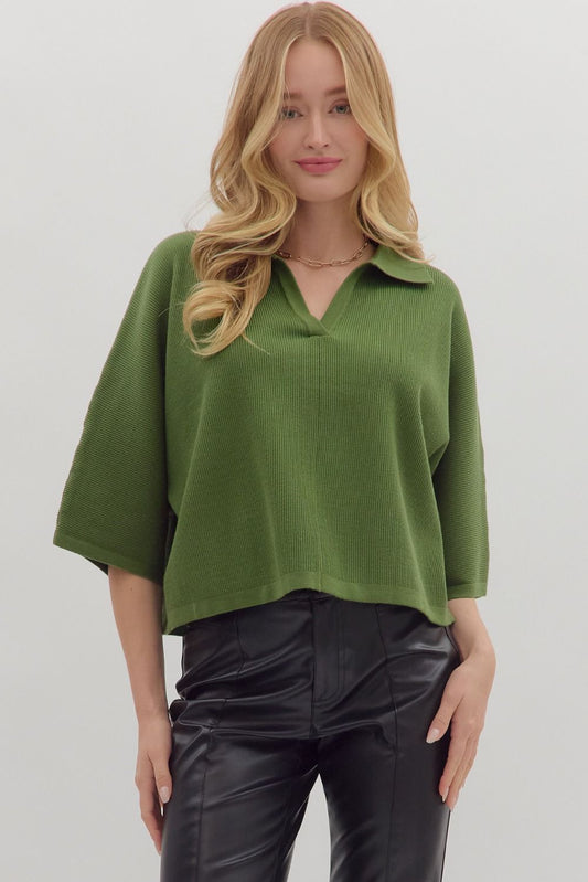 Textured Lines Collared Knit Top