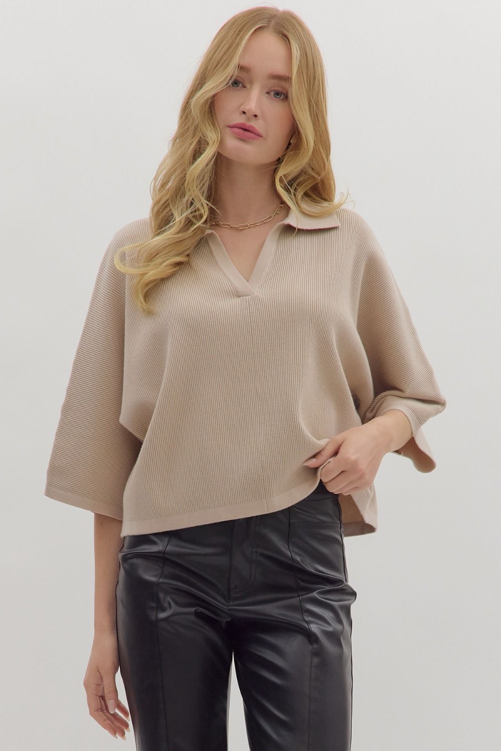 Textured Lines Collared Knit Top