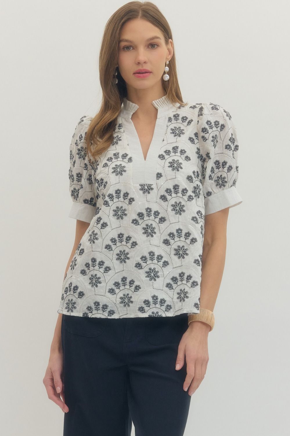 Botanical Print Ruffle Neck Top