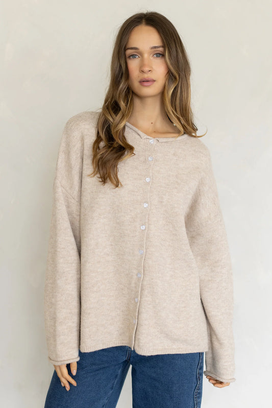 Beige Oversized Heart-Button Piper Cardigan