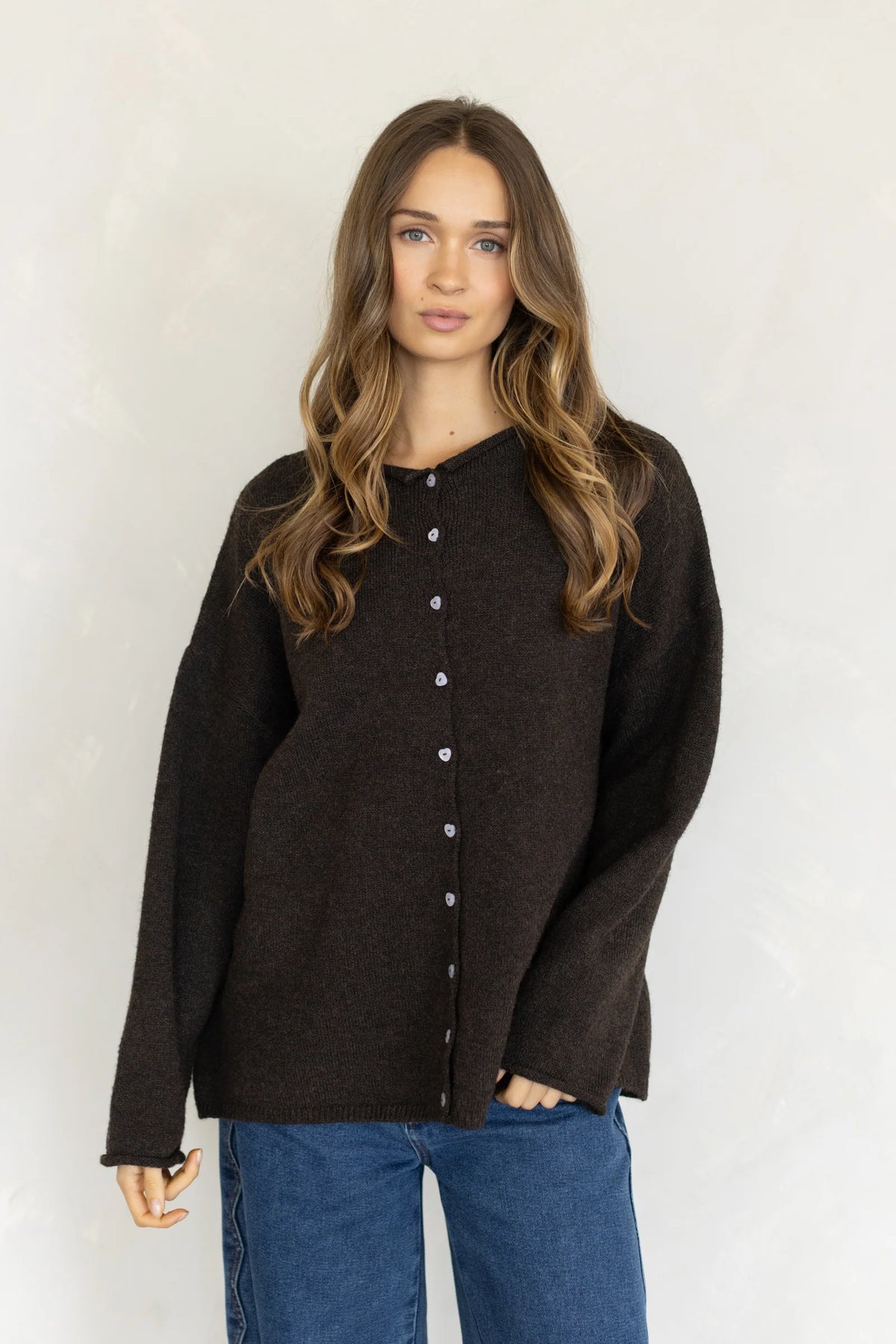 Chocolate Oversized Heart-Button Piper Cardigan