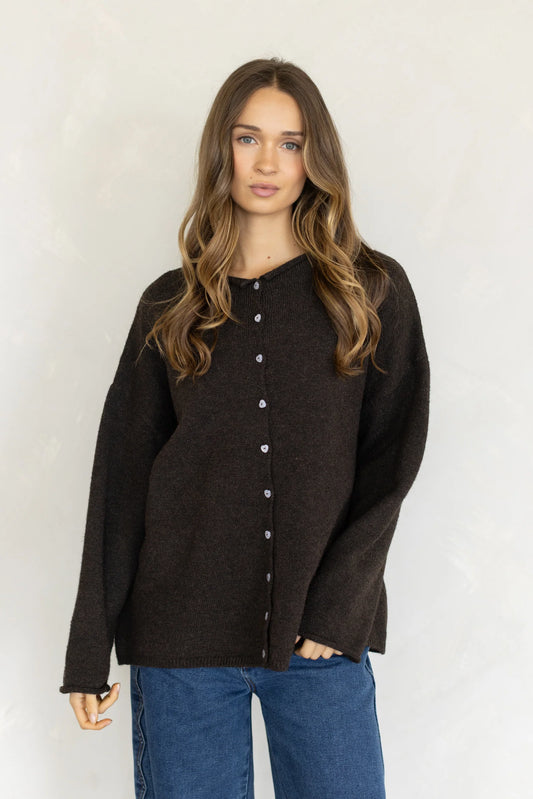 Chocolate Oversized Heart-Button Piper Cardigan