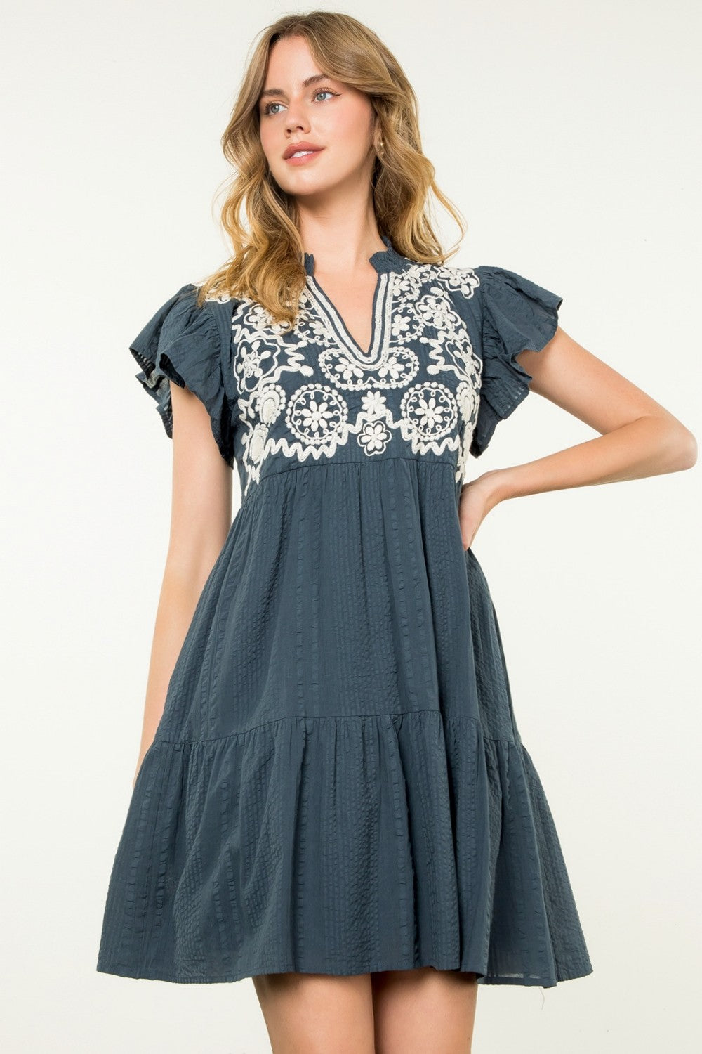 Embroidered Flutter Sleeve Dress