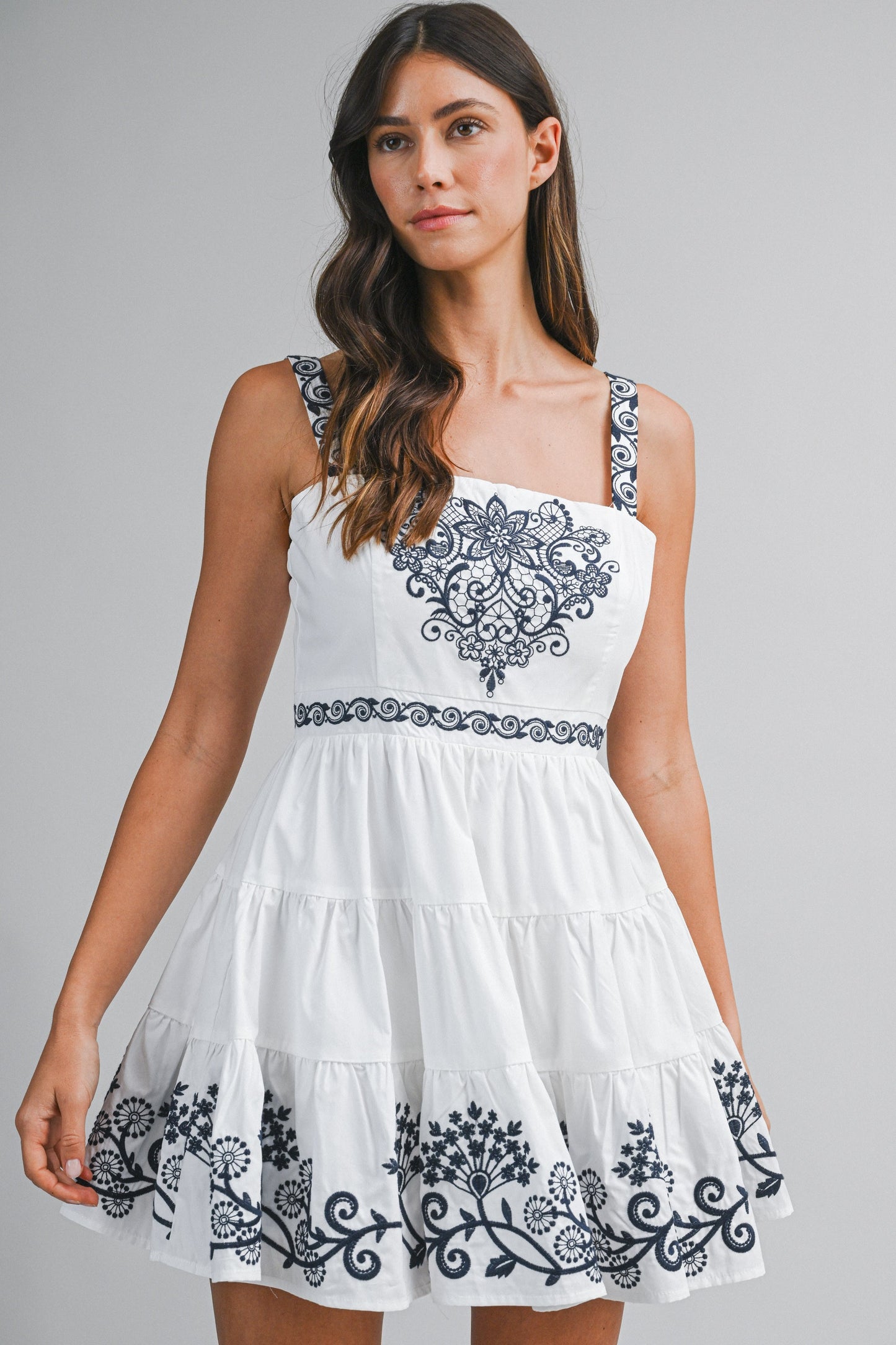 Embroidered Tiered Mini Dress