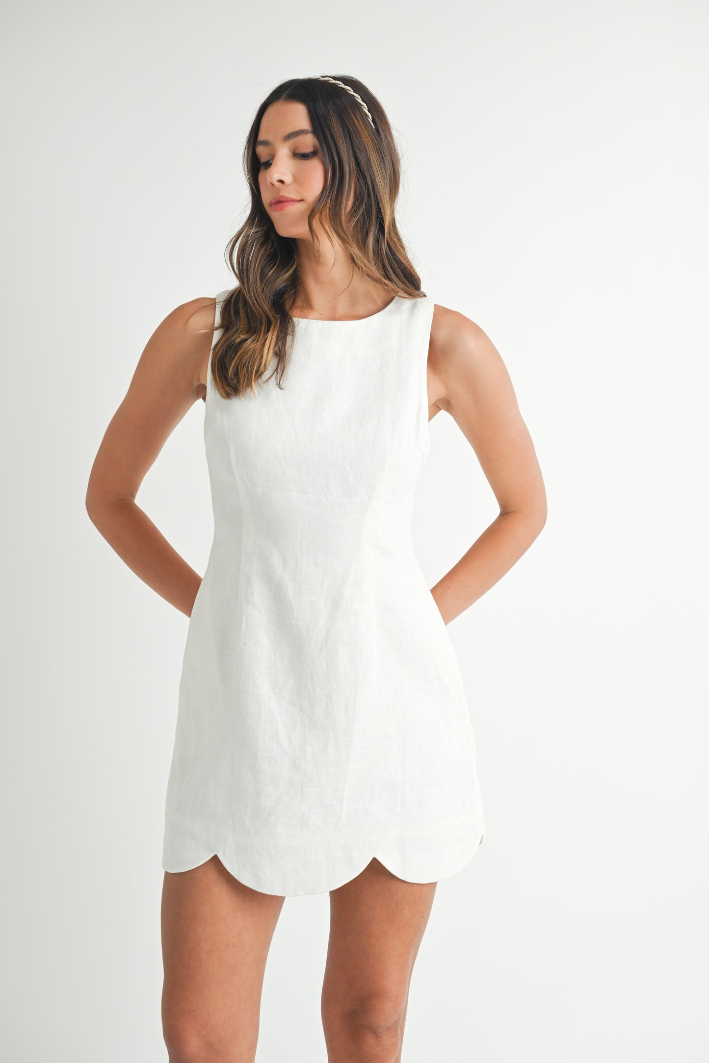 Linen Scallop Hem Mini Dress