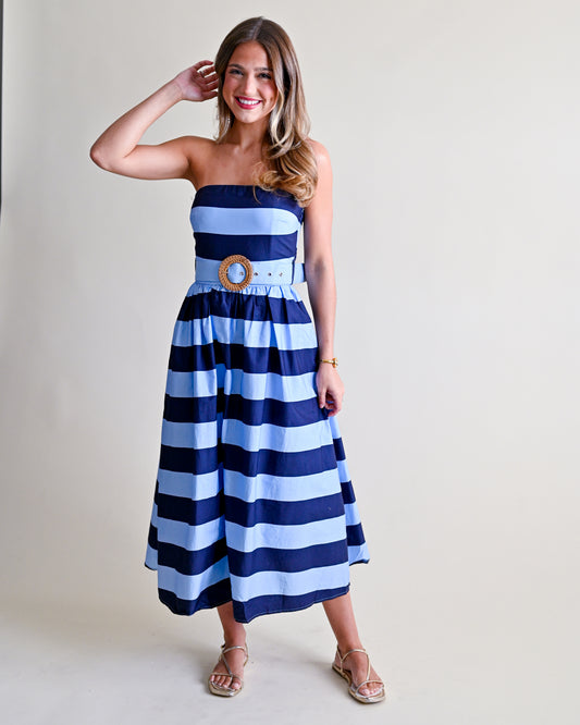 Striped Strapless Belted Midi Dress