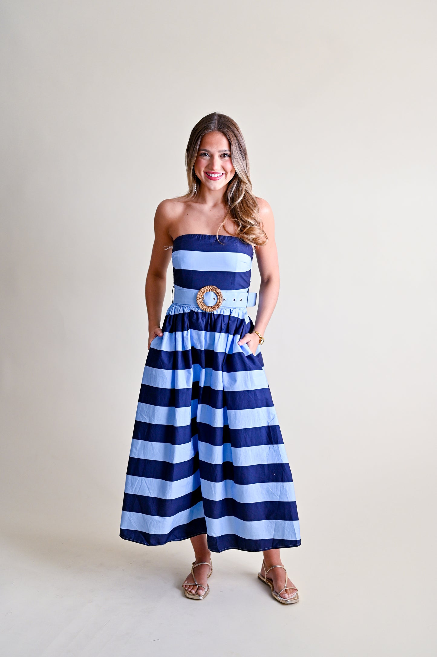 Striped Strapless Belted Midi Dress