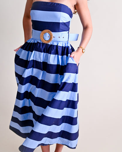 Striped Strapless Belted Midi Dress