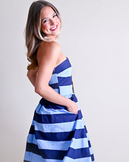 Striped Strapless Belted Midi Dress