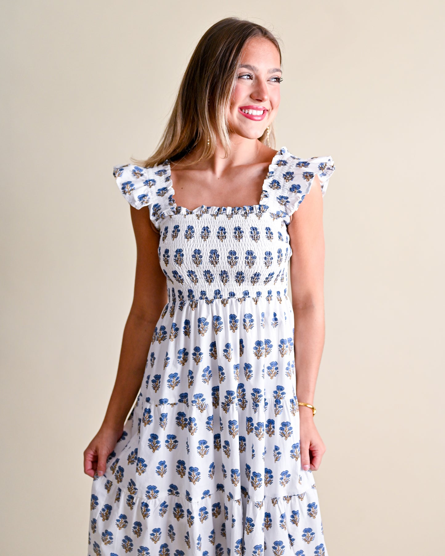 Floral Clusters Smocked Midi Dress