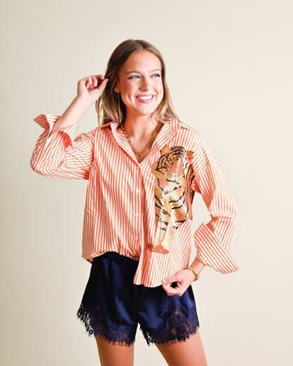 Striped Button Down With Sequin Tiger
