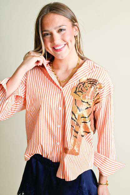 Striped Button Down With Sequin Tiger