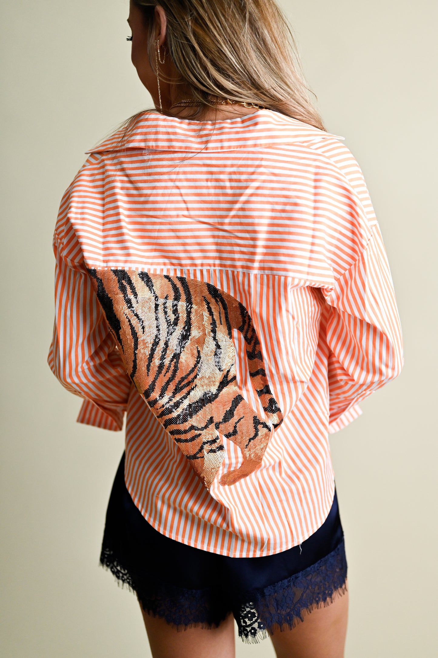 Striped Button Down With Sequin Tiger