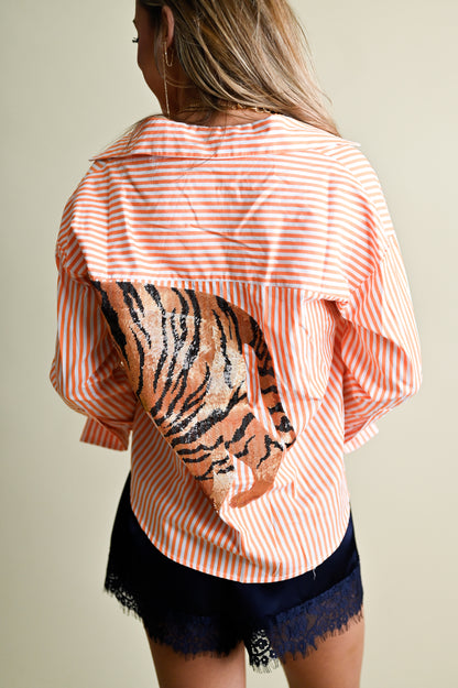 Striped Button Down With Sequin Tiger