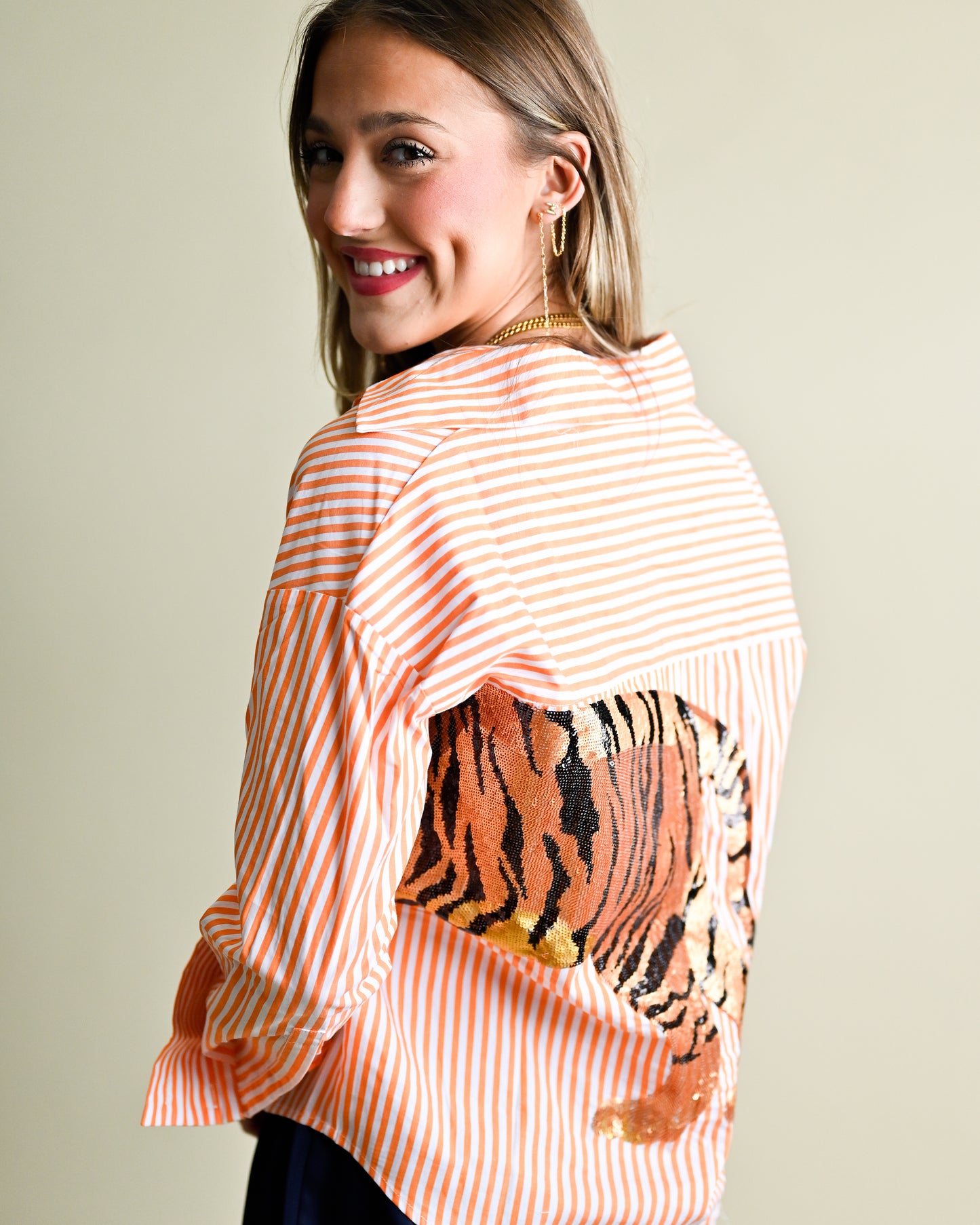 Striped Button Down With Sequin Tiger