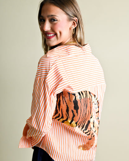Striped Button Down With Sequin Tiger