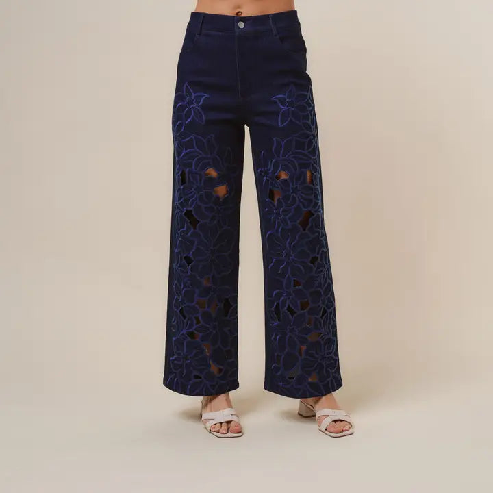 Floral Embroidered Cutout Pants