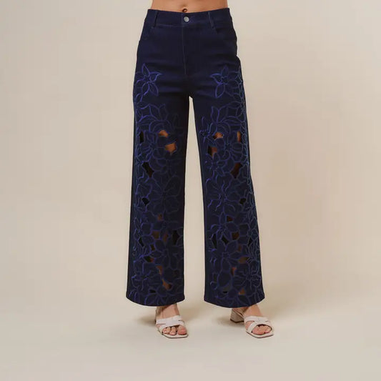 Floral Embroidered Cutout Pants