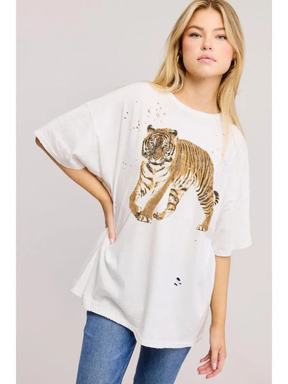 Vintage Tiger Graphic Distressed Oversized Seamless Tee