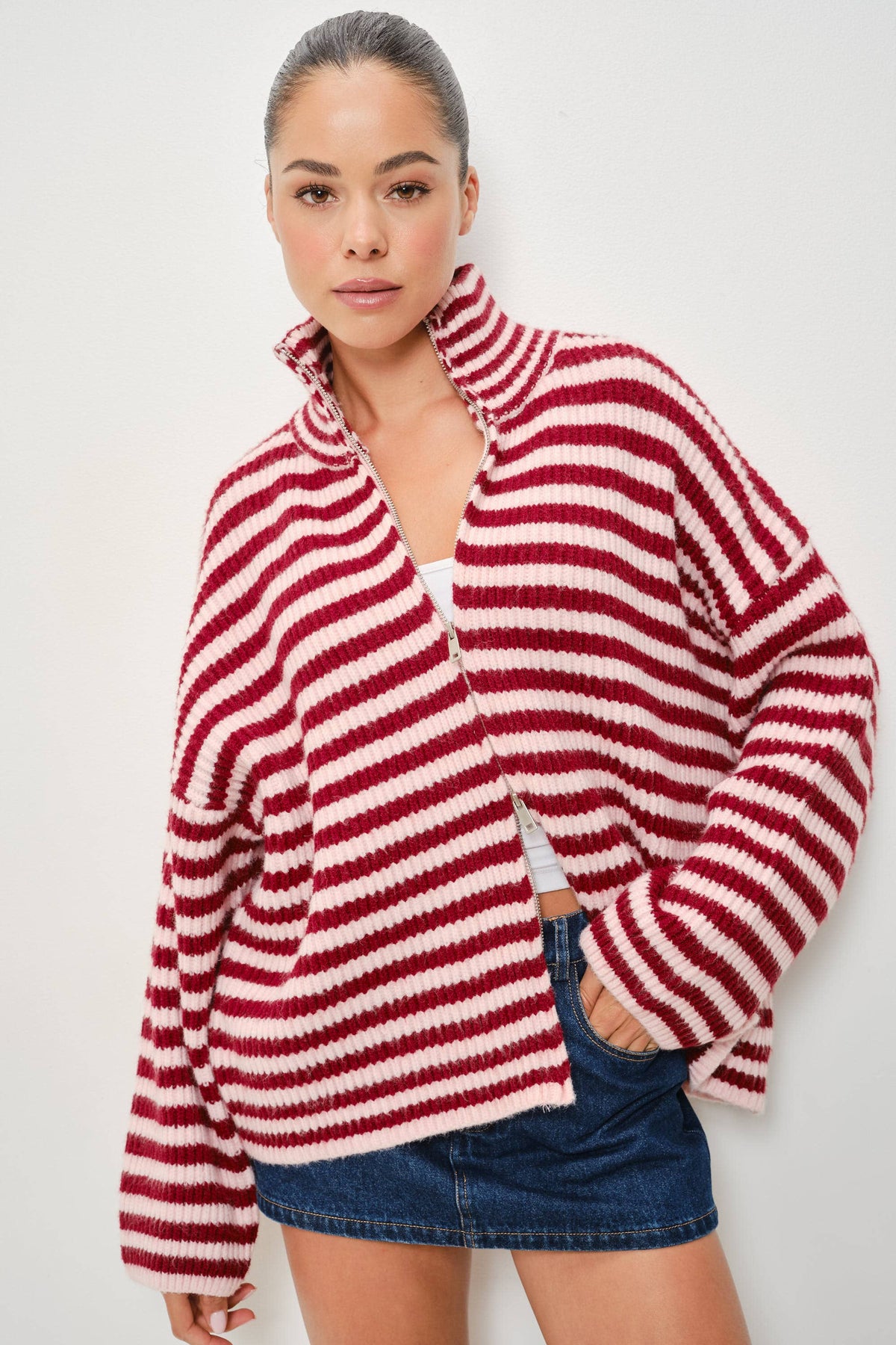 ZANE STRIPED MOCKED NECK ZIP UP JACKET
