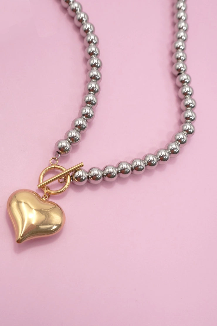 Mixed Metal Puffy Heart Necklace