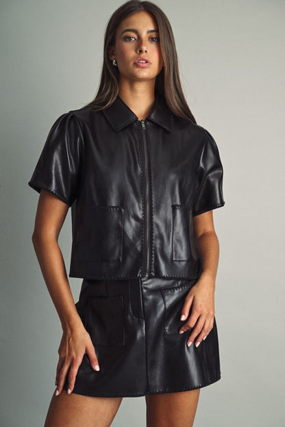 SHORT SLEEVE ZIPPER FRONT FAUX LEATHER TOP