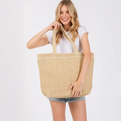 Solid Crochet Straw Tote Bag