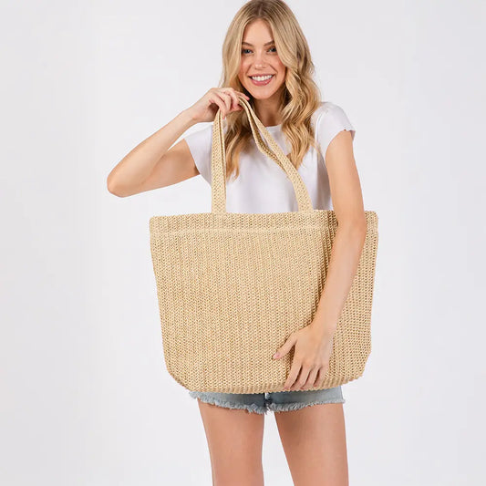Solid Crochet Straw Tote Bag