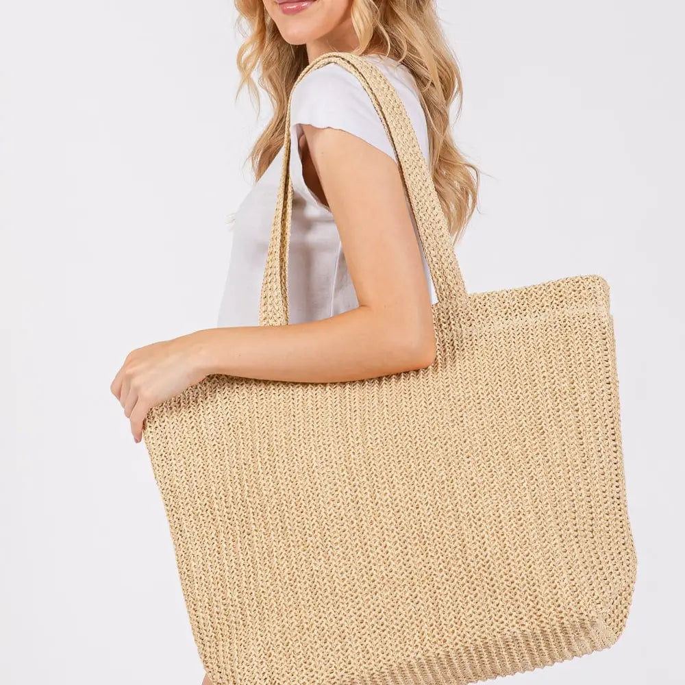Solid Crochet Straw Tote Bag