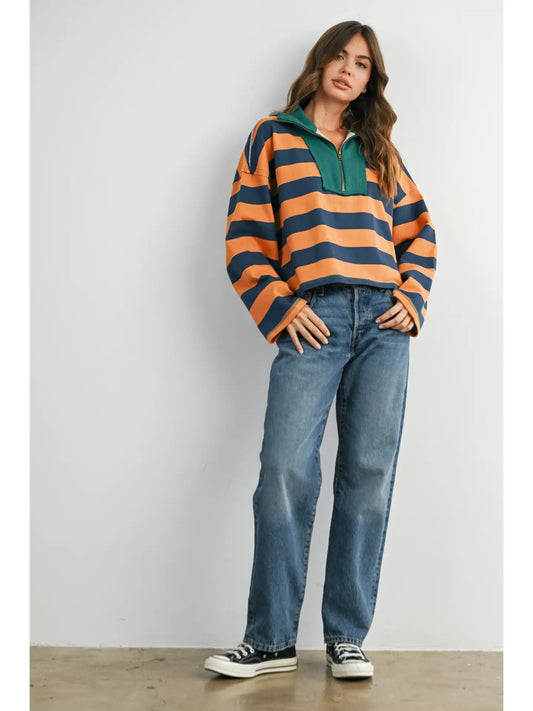 Striped Contrast Collar Quarter Zip Top