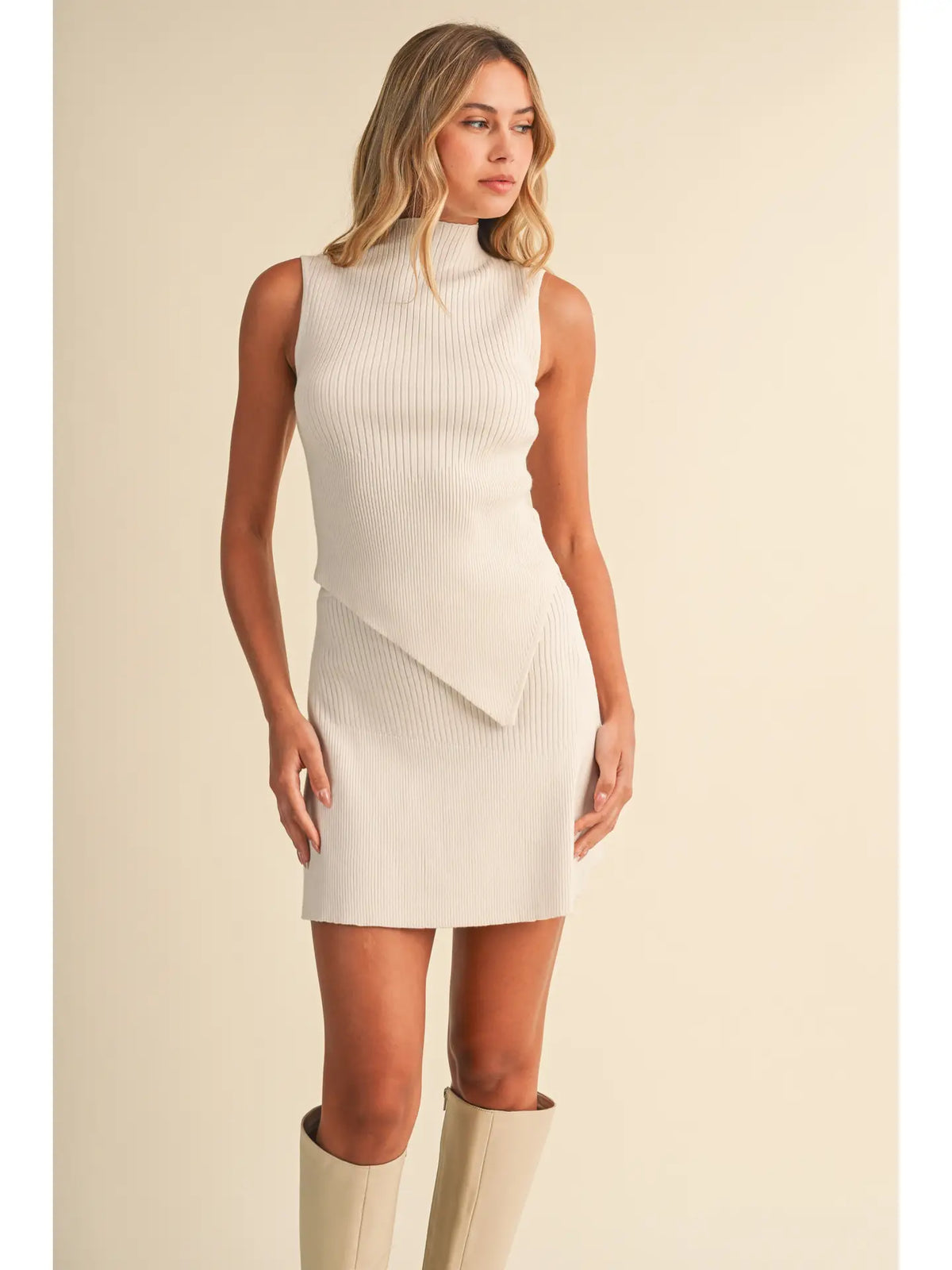 High Neckline Asymmetric Hem Knit Top and Skirt Set