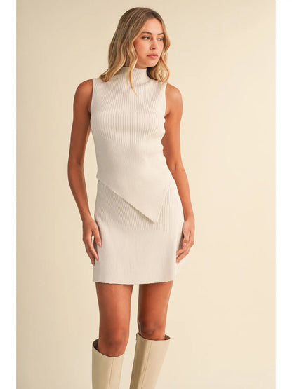 High Neckline Asymmetric Hem Knit Top and Skirt Set