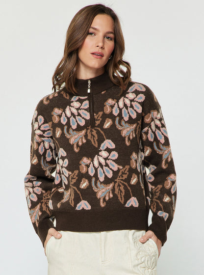 Pattern Jacquard Half Zip-Up Sweater