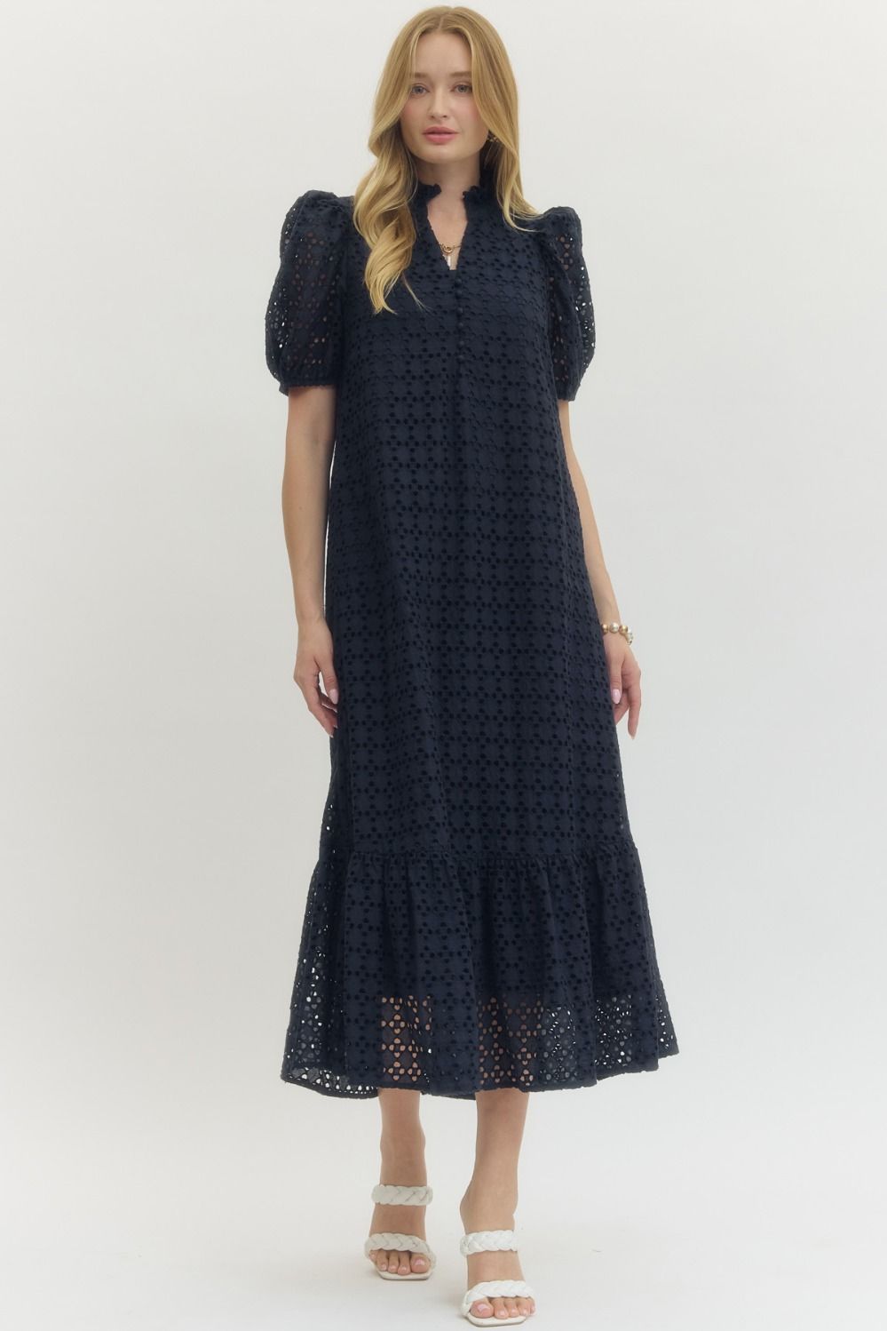 Eyelet Ruffle Mock Neck Midi Dress
