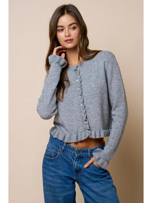 Ruffled Hem Long Sleeve Sweater Button-Down Cardigan