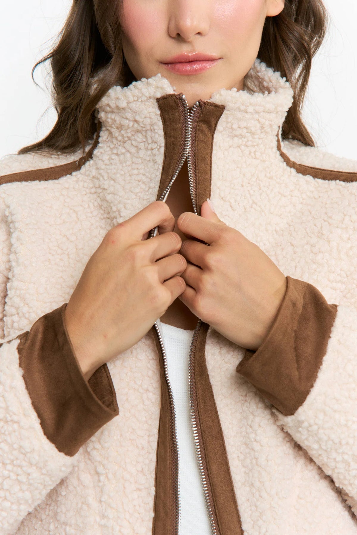Cream Sherpa Coat with Suede Accents