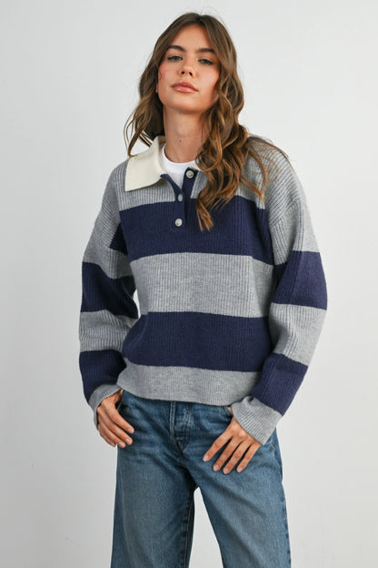Buttoned Striped Collared Long Sleeve Top