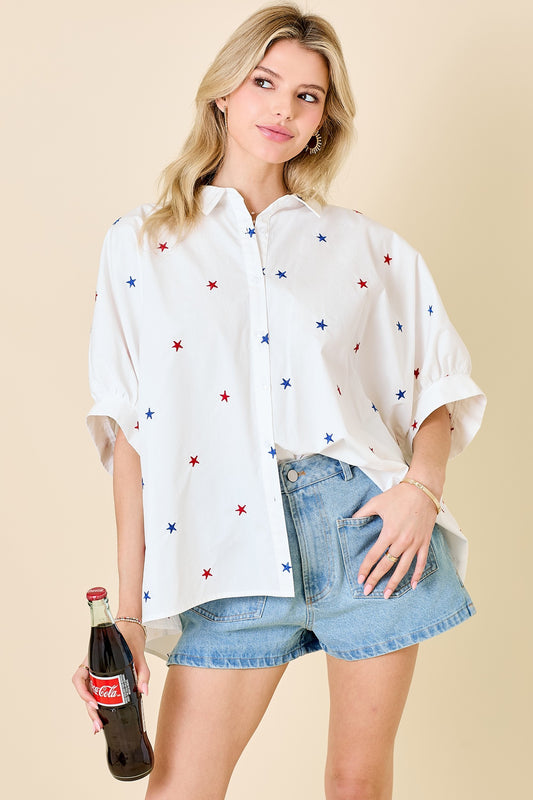 STAR EMBROIDERED OVERSIZED BUTTON DOWN SHIRT